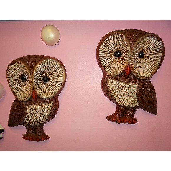 Vintage Owl Pair Wall Hanging mcm kitsch 1970s plaque retro decor foamwear